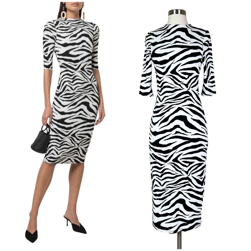 Alice + Olivia | Delora Zebra Striped Designer Black White Mock Neck Midi Dress